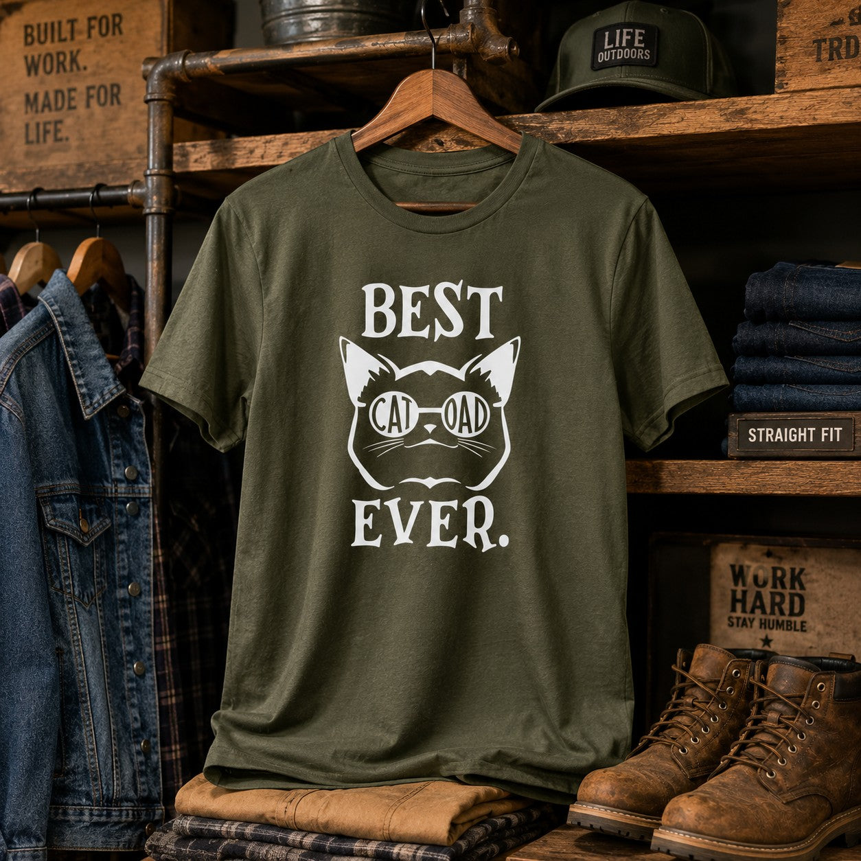 Tea Shirt Shoppe Wholesale olive green graphic tee with "Best Cat Dad Ever" text and cat graphic wearing sunglasses.