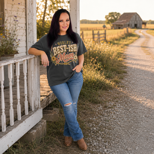 Tea Shirt Shoppe Wholesale charcoal graphic tee with Worlds Best-Ish Mom print, worn by a woman on a rustic porch.