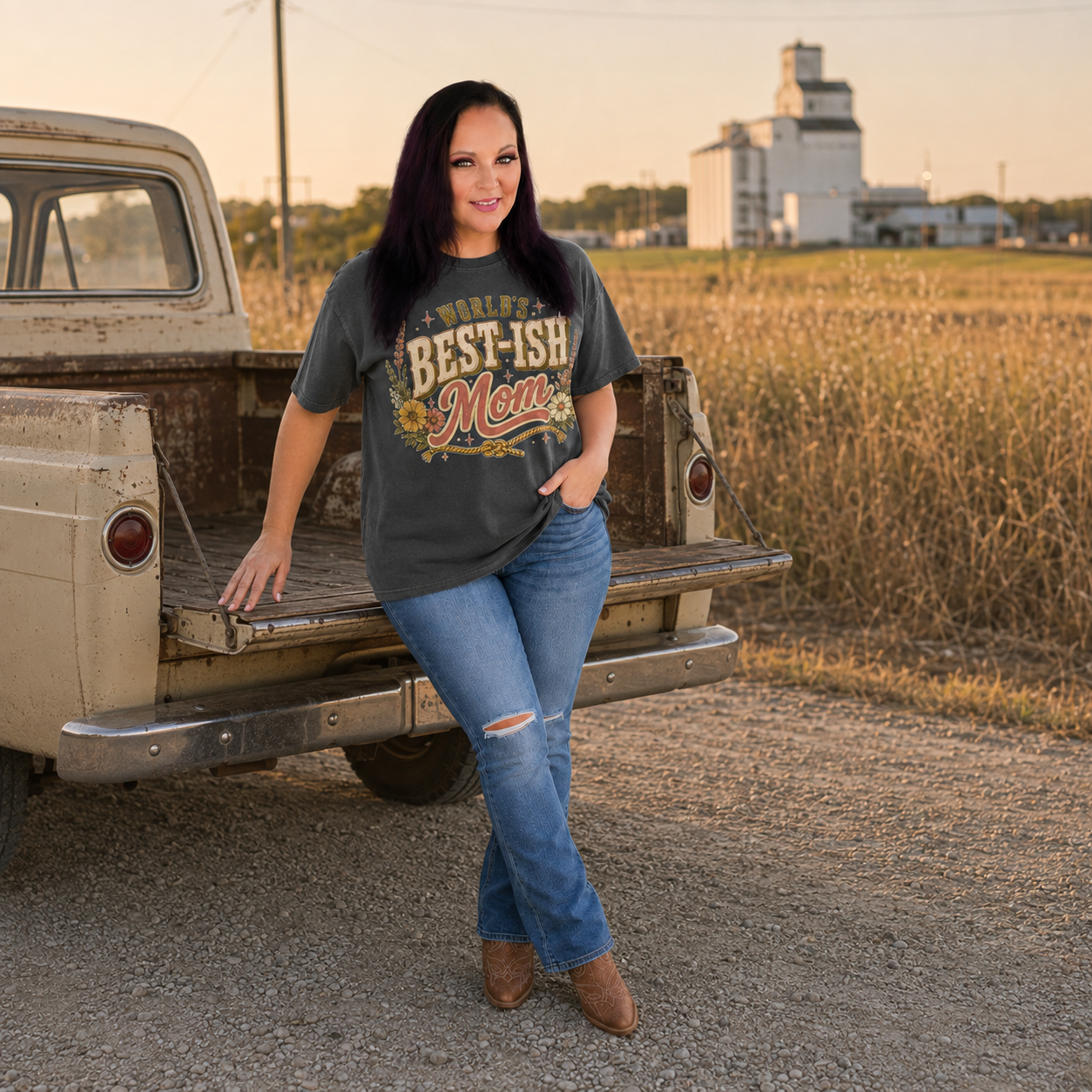 Tea Shirt Shoppe Wholesale charcoal graphic tee with Worlds Best-Ish Mom print, worn with jeans by a vintage truck.