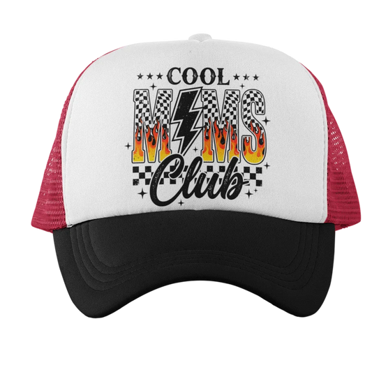 Tea Shirt Shoppe Wholesale trucker hat with white front panel, black brim, and red mesh back. Features "Cool Moms Club" text with flames and checkered flag accents.