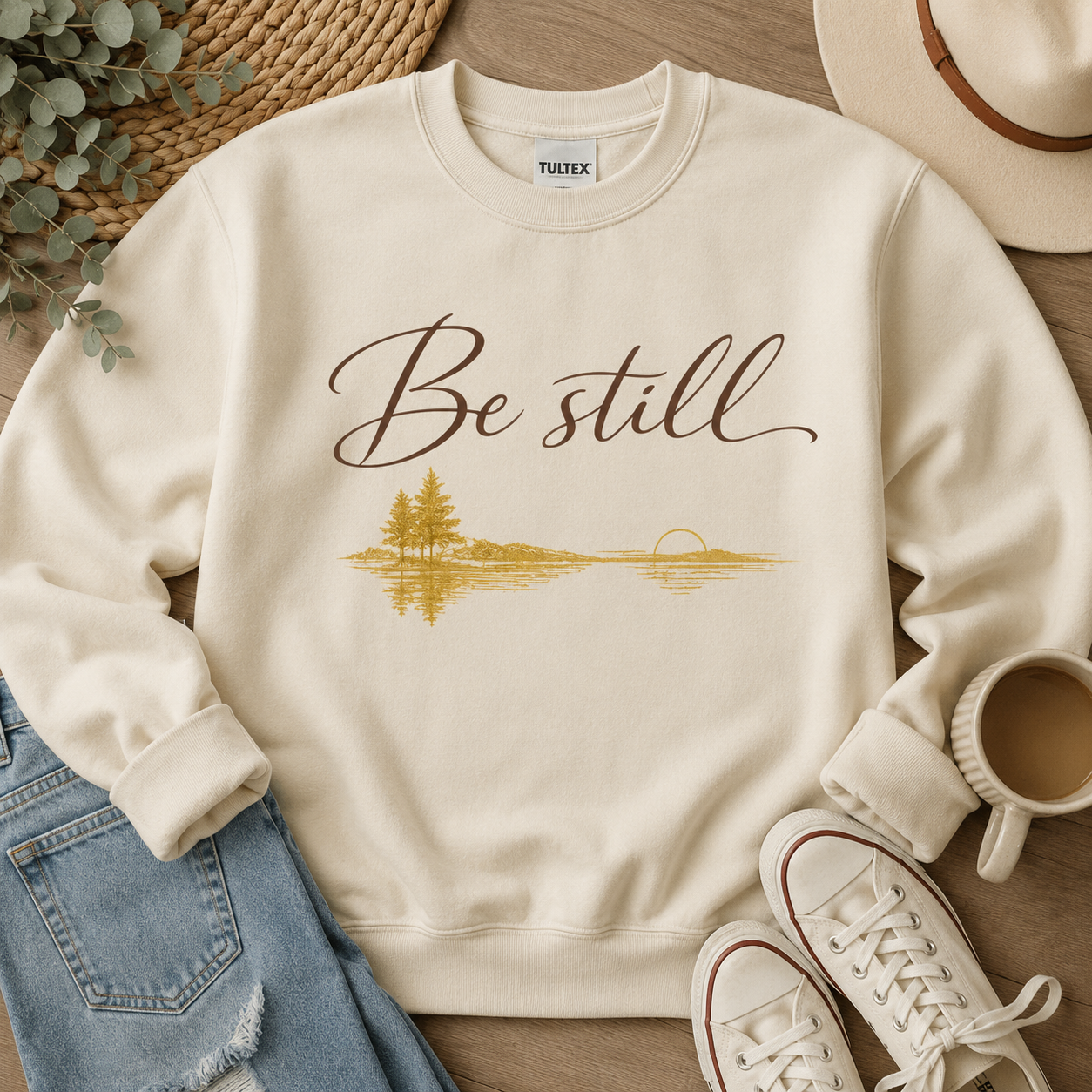 Tea Shirt Shoppe Wholesale cream crewneck sweatshirt with Be Still text and a serene lakeside sunset graphic print.