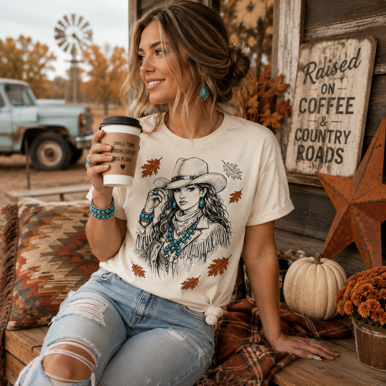 Tea Shirt Shoppe Wholesale cream graphic tee featuring a cowgirl illustration, worn by a woman with turquoise jewelry.