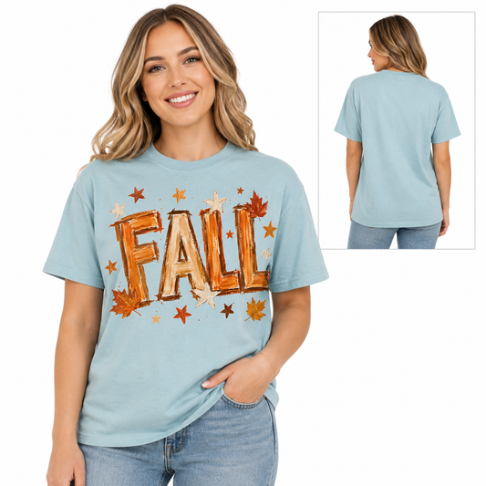 Tea Shirt Shoppe Wholesale light blue Comfort Colors t-shirt with a watercolor FALL graphic and autumn leaf accents.
