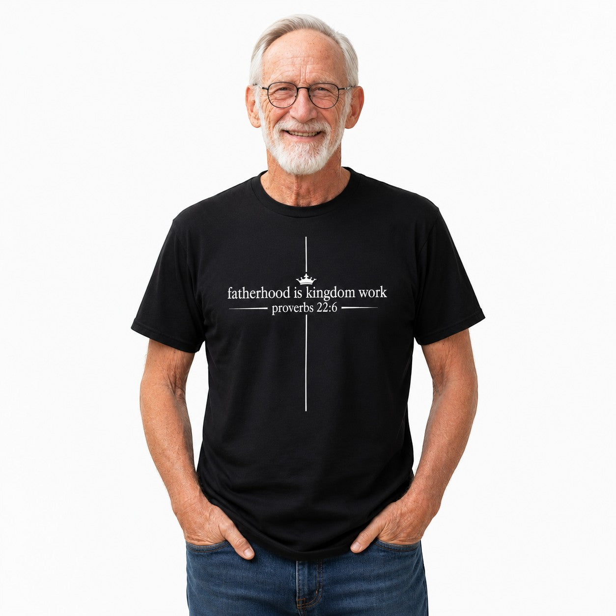 Tea Shirt Shoppe Wholesale black graphic tee with "fatherhood is kingdom work proverbs 22:6" and a crown above a cross.