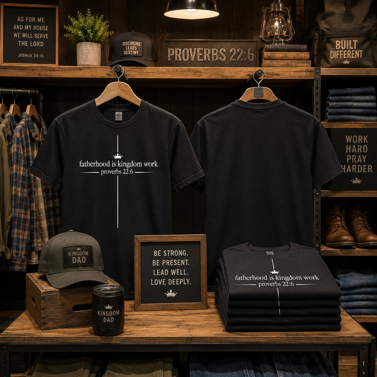 Tea Shirt Shoppe Wholesale black graphic tee with "fatherhood is kingdom work" and "proverbs 22:6" text.