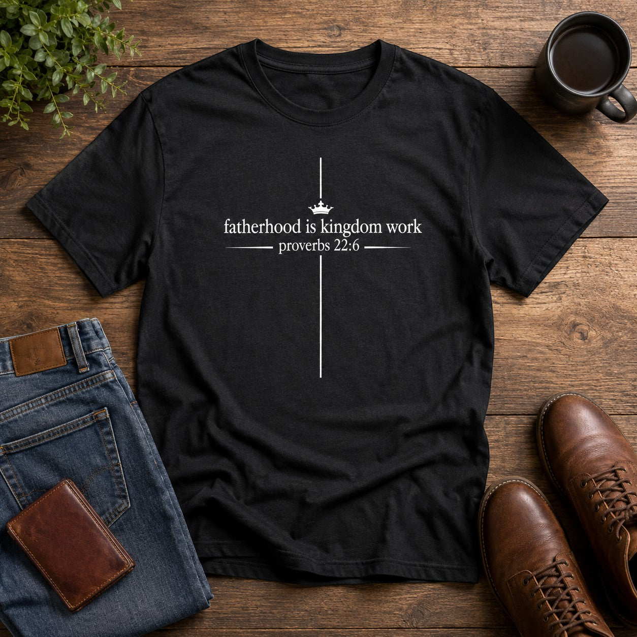 Tea Shirt Shoppe Wholesale black graphic tee with "fatherhood is kingdom work proverbs 22:6" and a crown above the text.