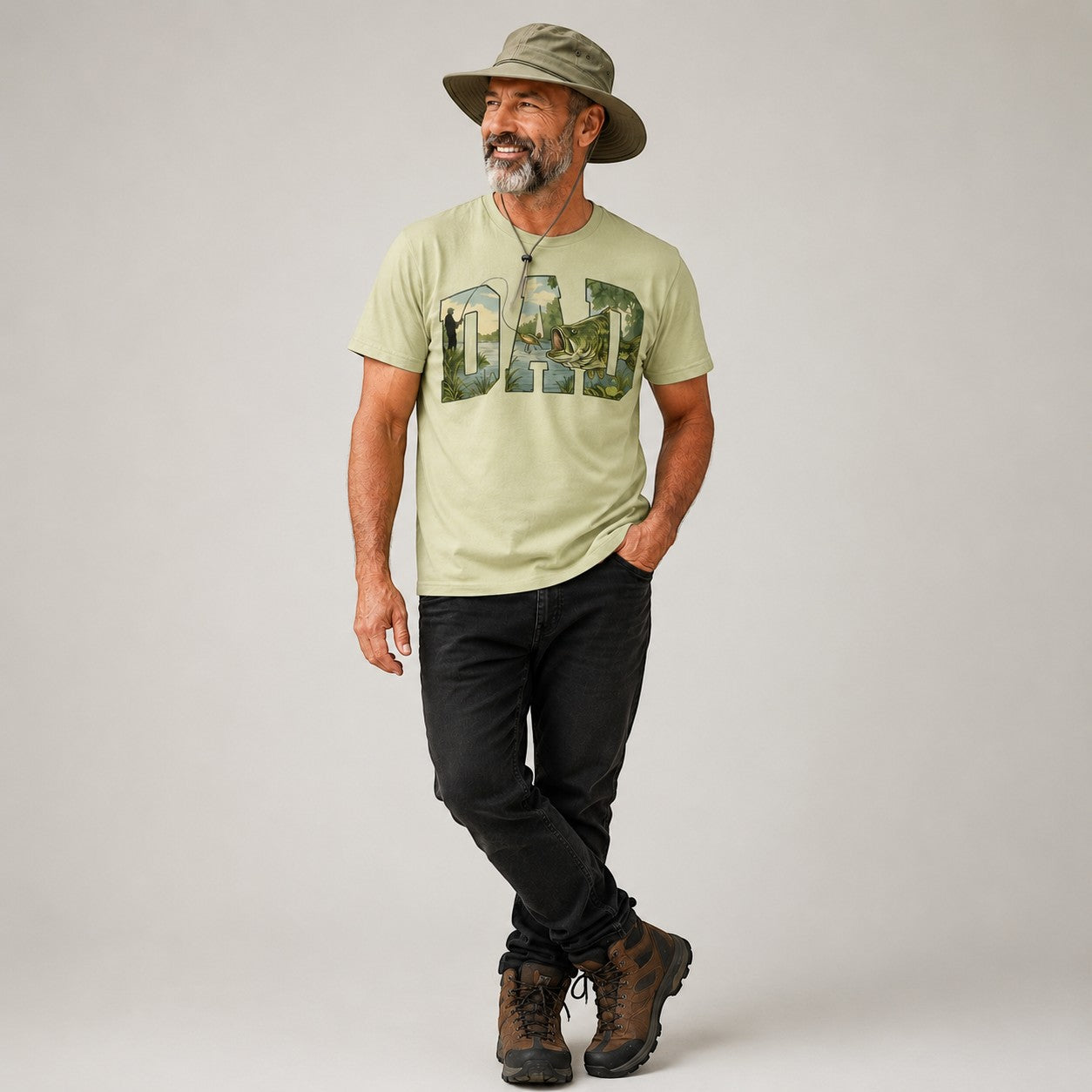 Tea Shirt Shoppe Wholesale light green short-sleeve graphic tee with "DAD" spelled out in a fishing landscape. Features a man wearing a hat and jeans.