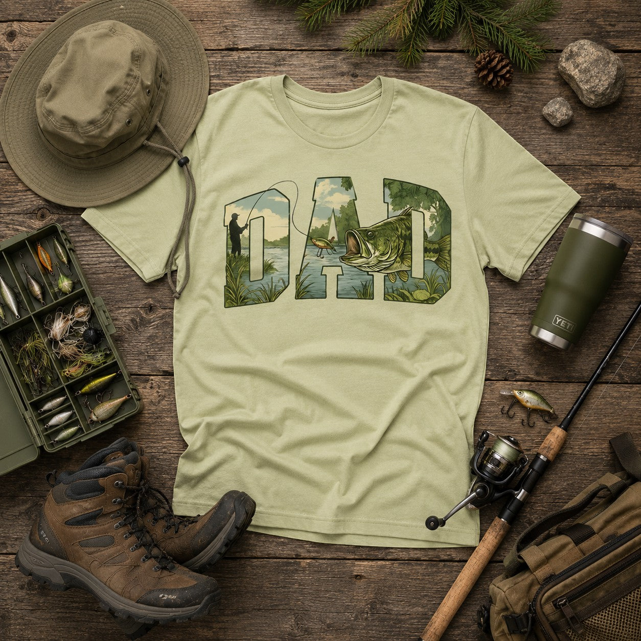 Tea Shirt Shoppe Wholesale light green graphic tee with "DAD" spelled out in a fishing scene. Short sleeves, crew neck.