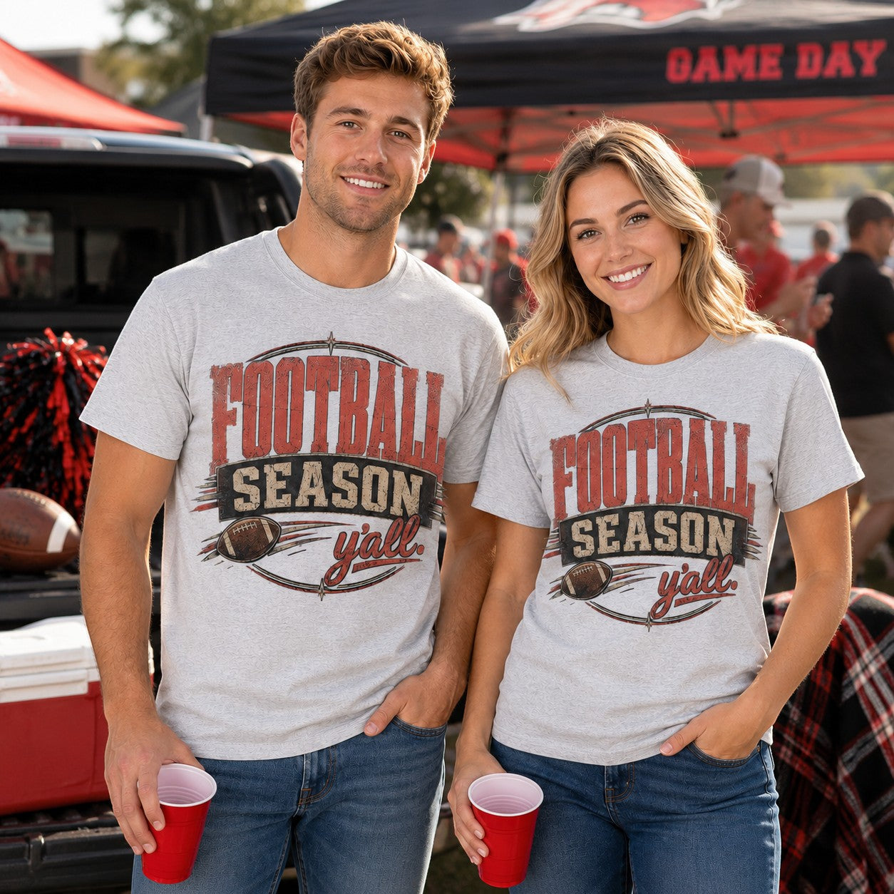 Tea Shirt Shoppe Wholesale ash grey graphic t-shirts with Football Season Y'all print worn by a smiling couple