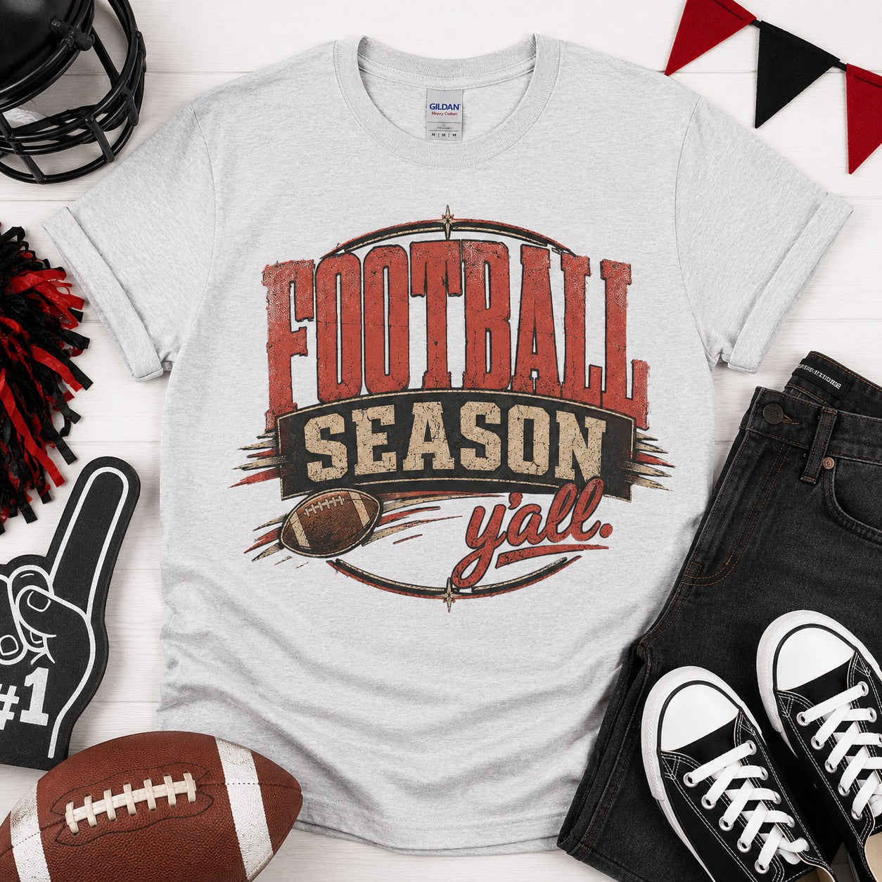 Tea Shirt Shoppe Wholesale ash grey Gildan football season graphic tee with red and brown distressed print
