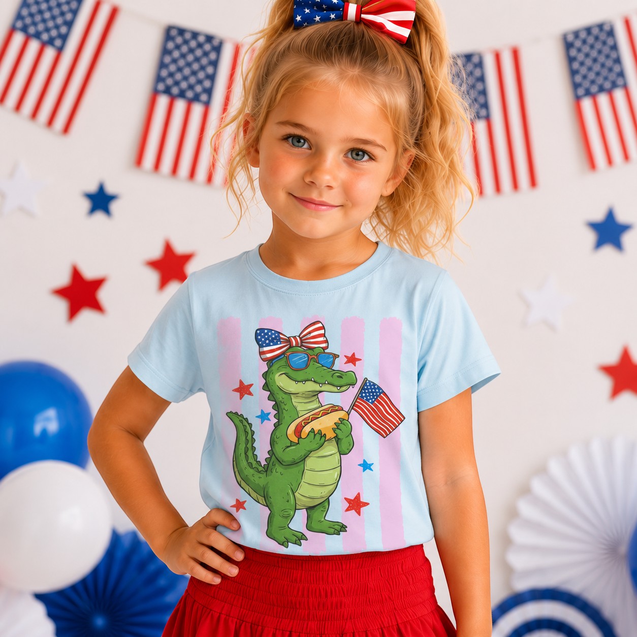 Tea Shirt Shoppe Wholesale light blue 100% cotton youth graphic tee with a cartoon alligator wearing sunglasses and a bow, holding a hot dog and an American flag.