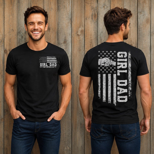 Black cotton graphic tee from Tea Shirt Shoppe Wholesale with distressed American flag and "Girl Dad" text on front and back.