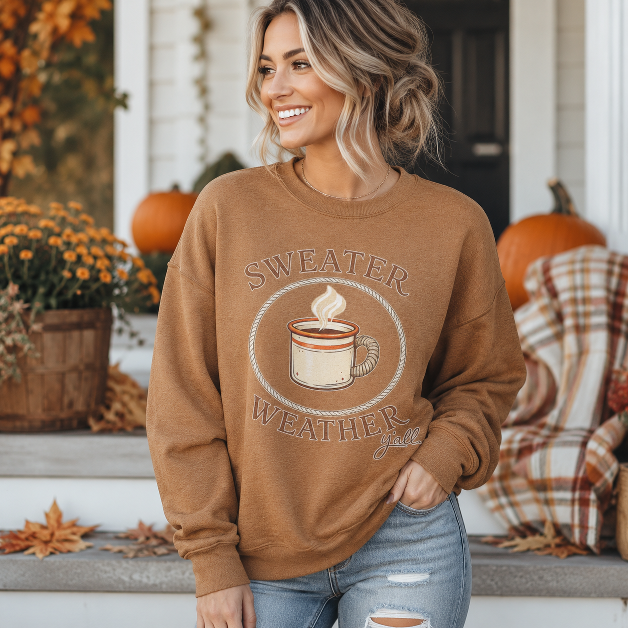 Tea Shirt Shoppe Wholesale golden pecan Jerzees sweatshirt with Sweater Weather Ya'll coffee mug graphic on porch