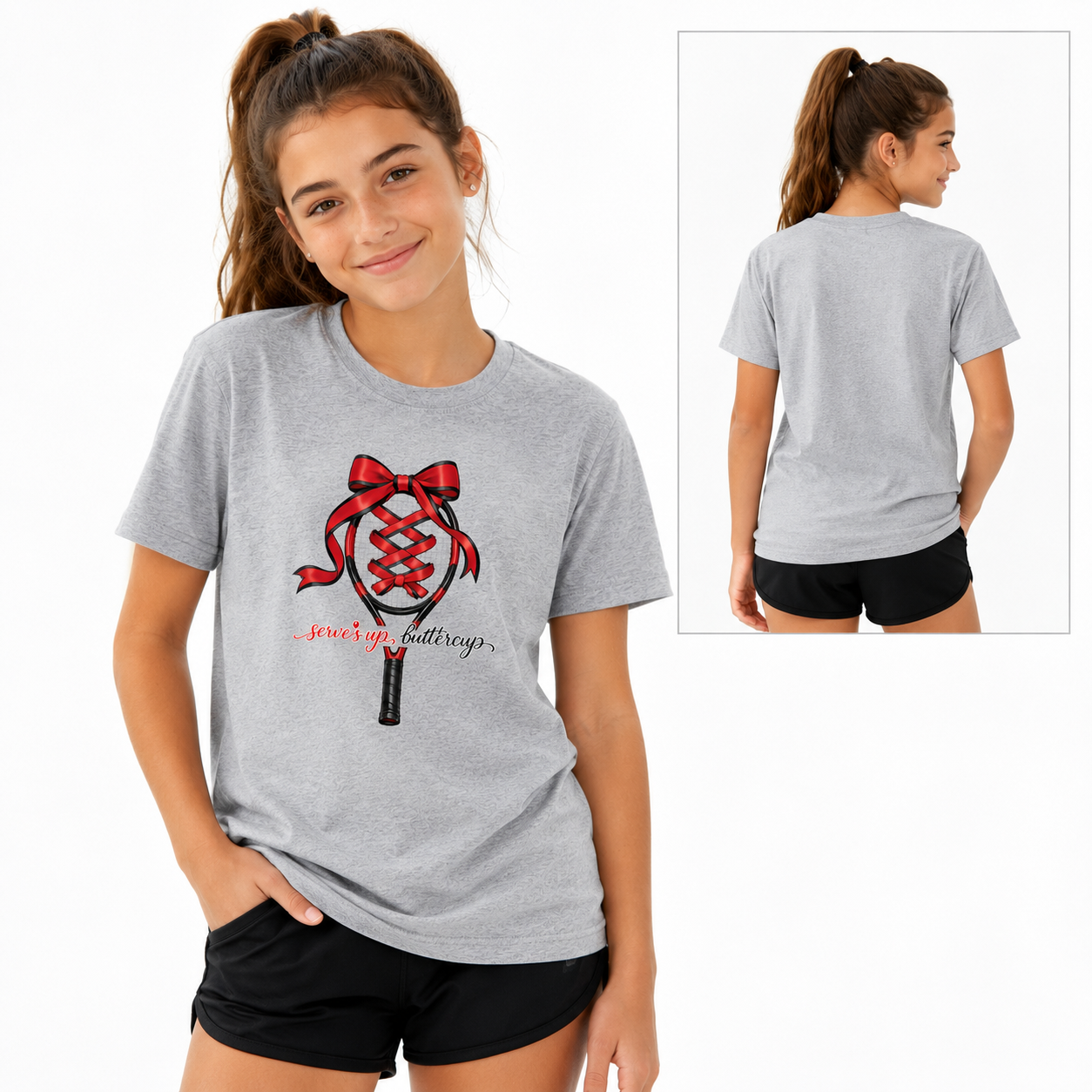 Tea Shirt Shoppe Wholesale sport grey Gildan graphic tee featuring a tennis racket with a red ribbon bow design.