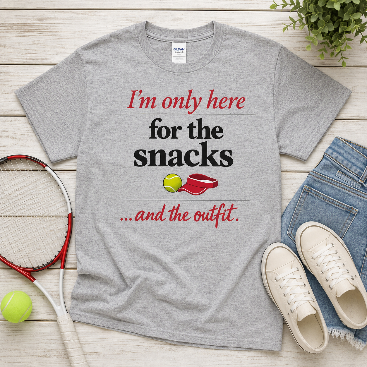 Tea Shirt Shoppe Wholesale grey tennis graphic tee with I'm only here for the snacks and the outfit text design.
