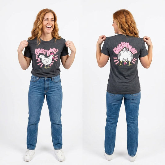 Tea Shirt Shoppe Wholesale dark grey 100% cotton graphic tee with a chicken saying Guess What? on the front and Chicken Butt on the back.