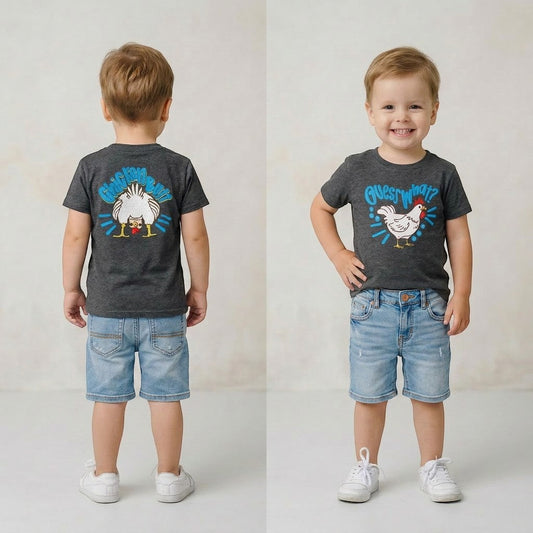 Tea Shirt Shoppe Wholesale Guess What? graphic tee, dark heather grey, 100% cotton, features a chicken design.