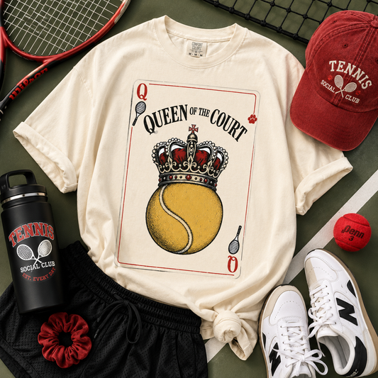 Tea Shirt Shoppe Wholesale ivory ring-spun cotton graphic tee featuring a Queen of the Court tennis playing card design.