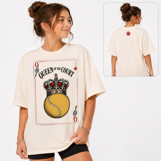 Tea Shirt Shoppe Wholesale ivory ring-spun cotton graphic tee featuring a Queen of the Court tennis ball playing card.