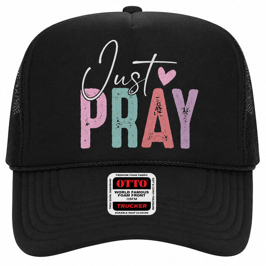 Tea Shirt Shoppe Wholesale black trucker hat with Just Pray graphic in distressed pastel colors and mesh back
