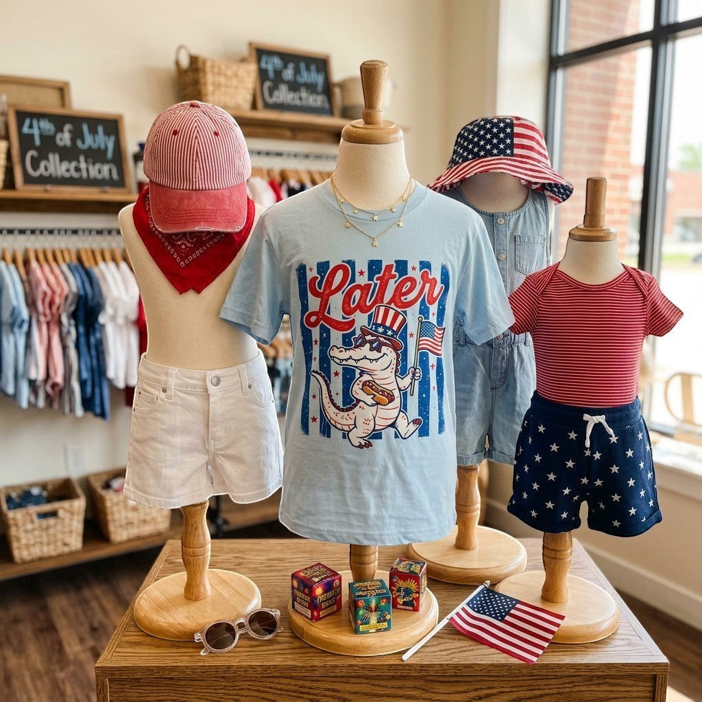 Tea Shirt Shoppe Wholesale light blue youth graphic tee with alligator in Uncle Sam hat holding flag