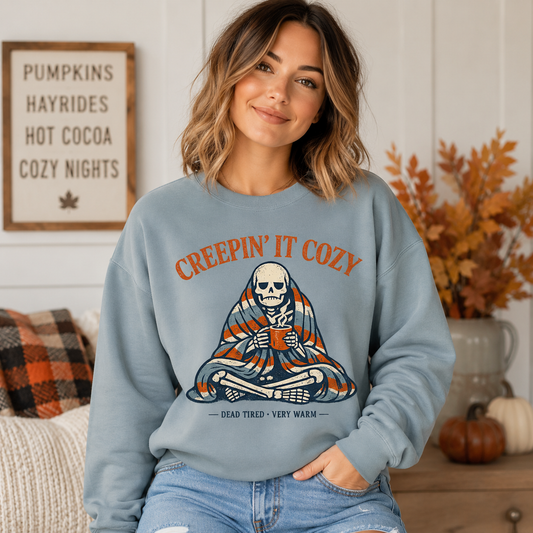 Creepin It Cozy Fall/Halloween Graphic Sweatshirt, crewneck with skeleton graphic print – alternate view 2