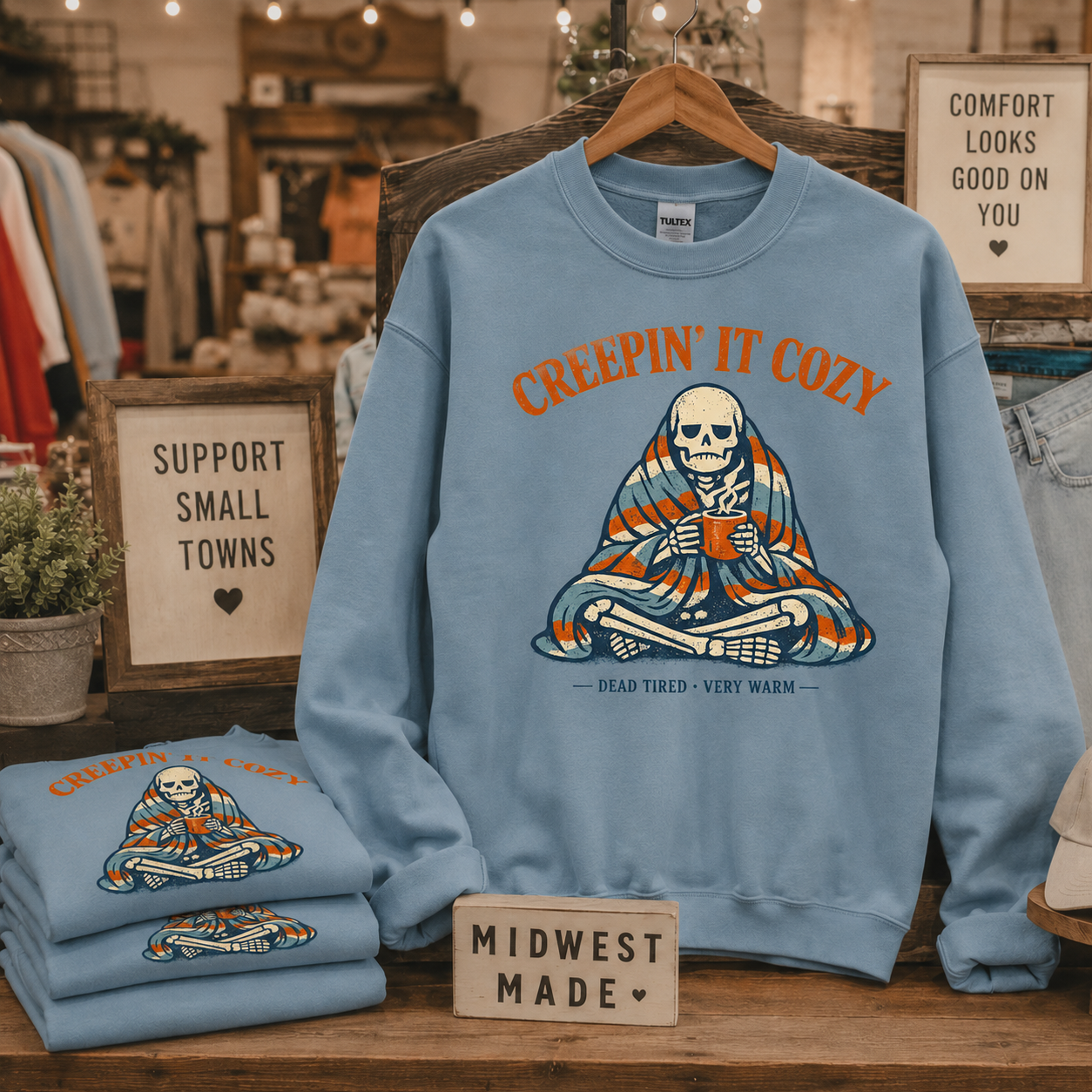 Tea Shirt Shoppe Wholesale light slate crewneck sweatshirt featuring a skeleton graphic with the text Creepin It Cozy