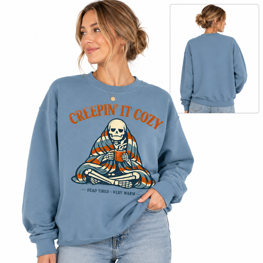 Creepin It Cozy Fall/Halloween Graphic Sweatshirt, crewneck with skeleton graphic print