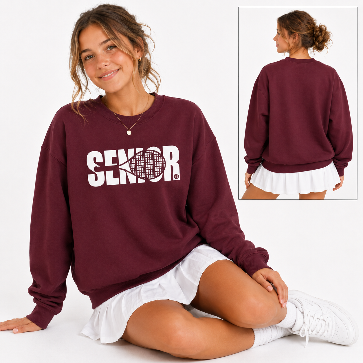 Tea Shirt Shoppe Wholesale maroon Senior tennis graphic sweatshirt worn by a woman with a white pleated skirt