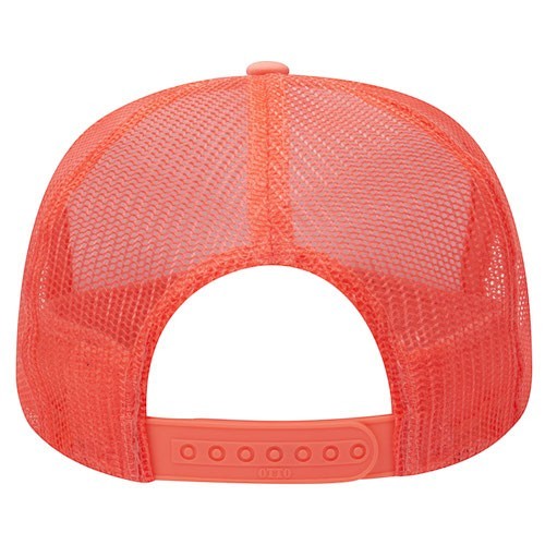 Tea Shirt Shoppe Wholesale neon orange trucker hat with breathable mesh back and adjustable plastic snapback closure.