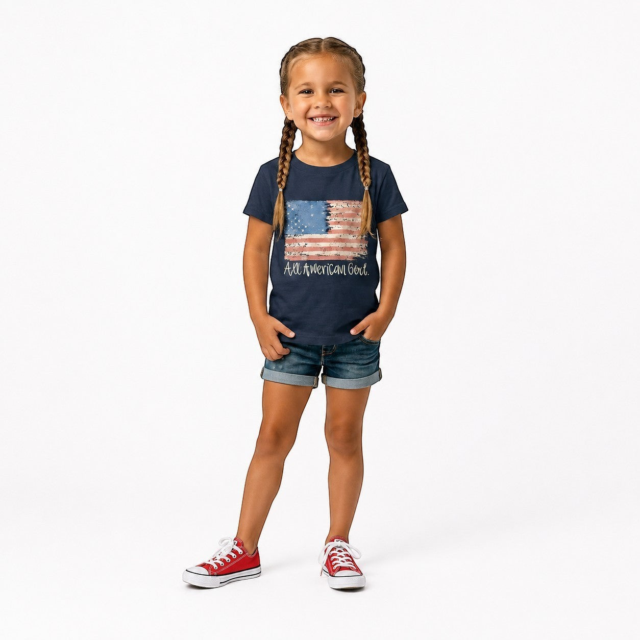 Navy blue cotton t-shirt with distressed American flag graphic and "All American Girl" text. Tea Shirt Shoppe Wholesale.