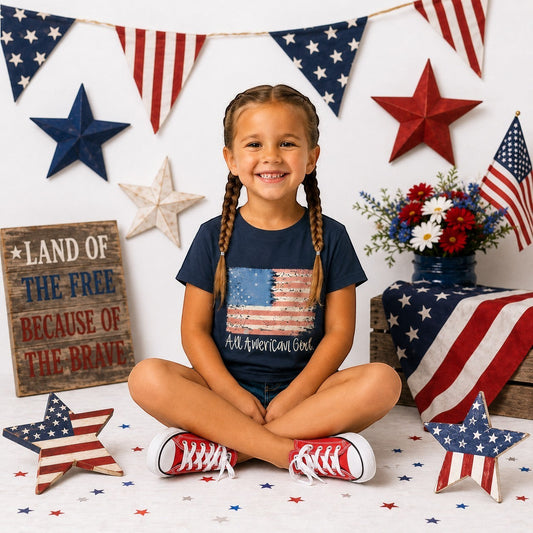 Navy blue cotton graphic tee with distressed American flag and "All American Girl" text. Youth size.