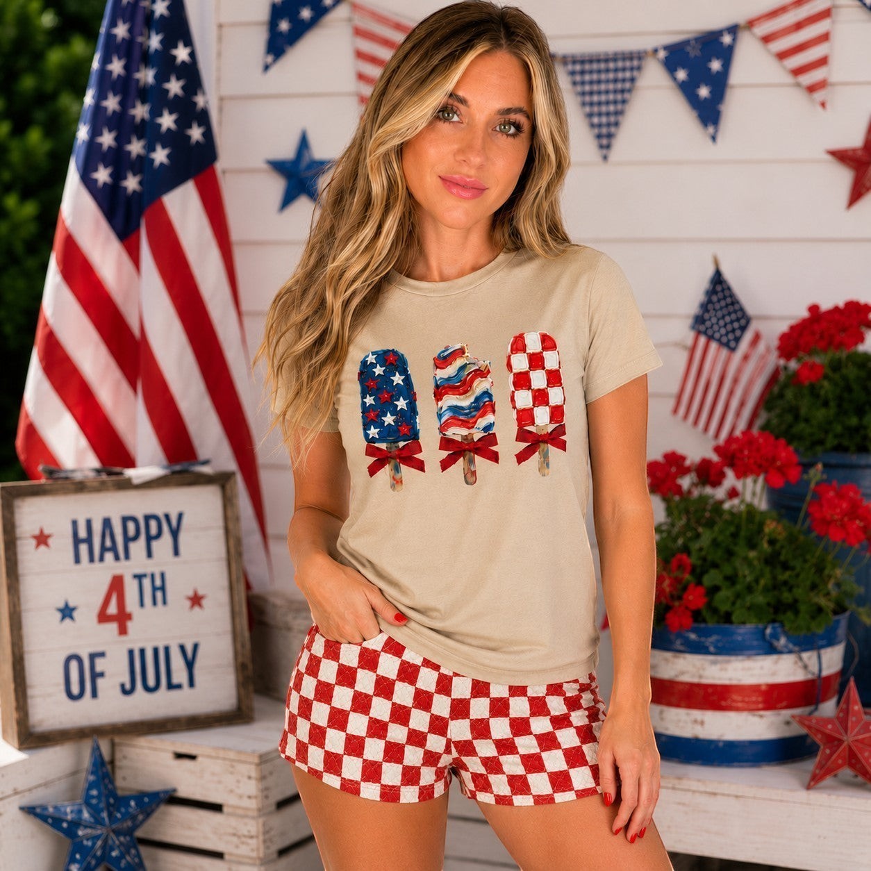 Tea Shirt Shoppe Wholesale beige graphic tee with three patriotic popsicles, red bows, and red/white checkerboard shorts.