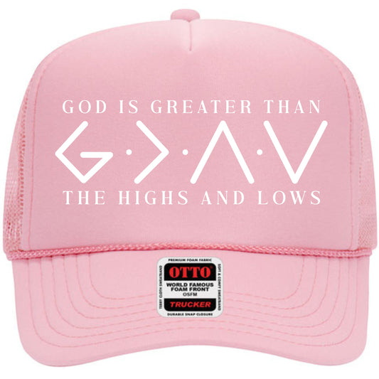 Tea Shirt Shoppe Wholesale pink trucker hat with "God Is Greater Than G.O.A.T. The Highs And Lows" graphic.