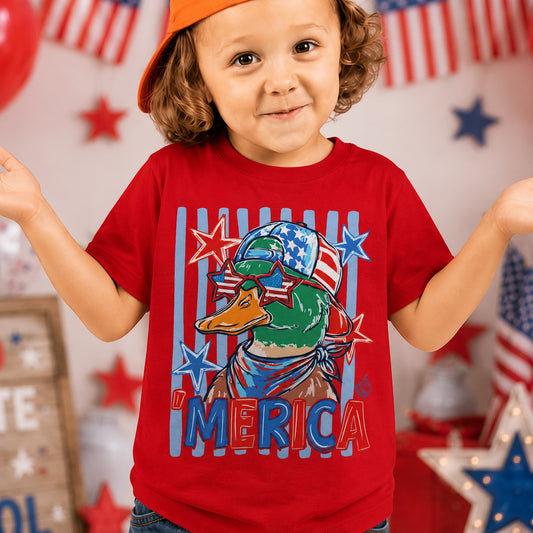 Tea Shirt Shoppe Wholesale red 100% cotton graphic tee with a duck wearing sunglasses and a bandana, "AMERICA" text.