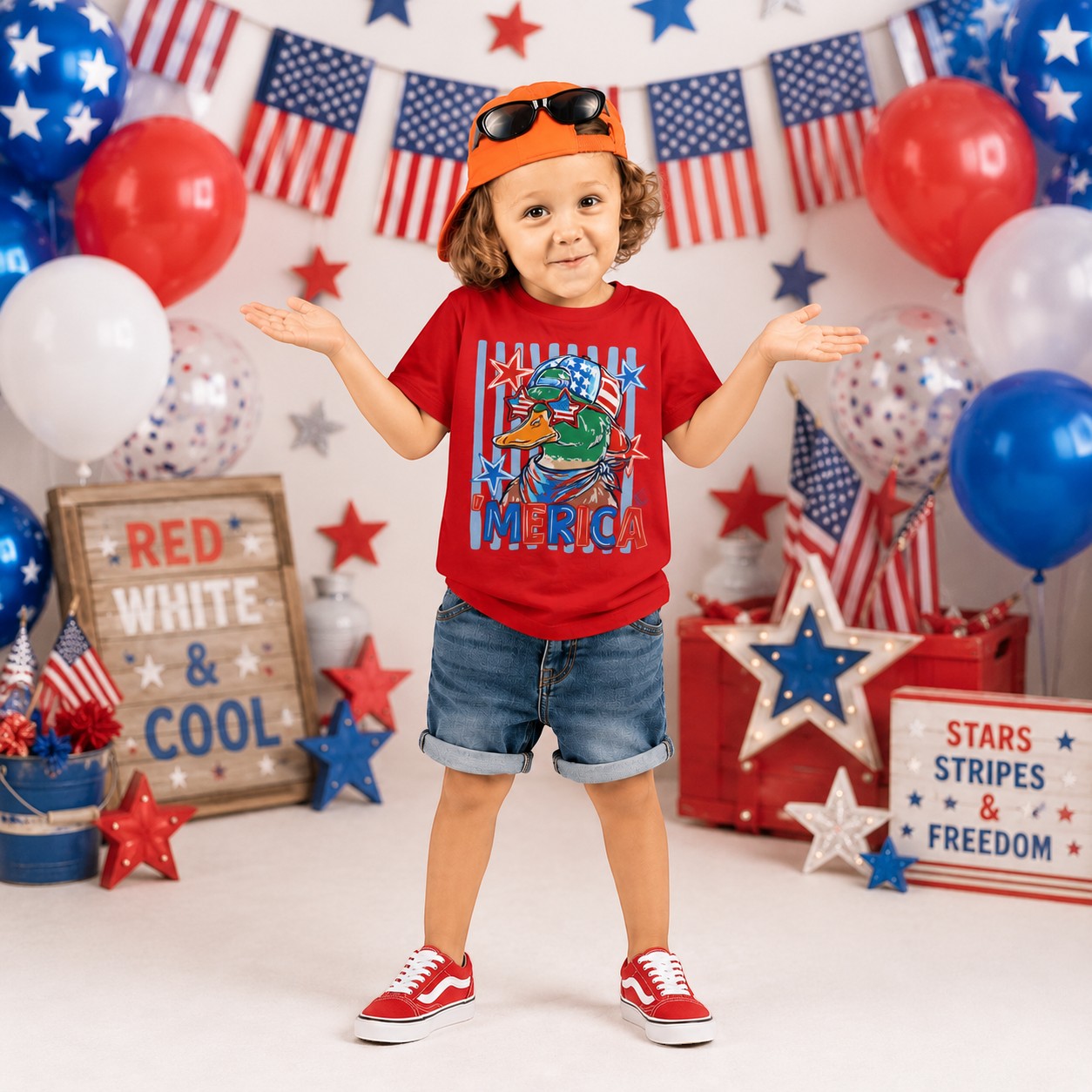 Tea Shirt Shoppe Wholesale red cotton graphic tee with a duck wearing a hat and sunglasses, "America" text.