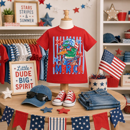 Tea Shirt Shoppe Wholesale red 100% cotton graphic tee with a duck wearing sunglasses and a bandana, text reads "'MERICA".