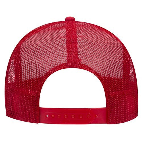 Tea Shirt Shoppe Wholesale red trucker hat with mesh back and adjustable snap closure, "Cool Mom's Club" text on front.