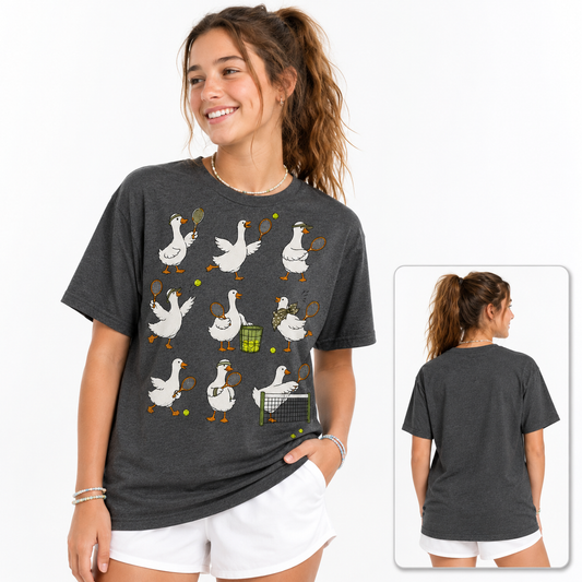 Tea Shirt Shoppe Wholesale dark heather grey cotton t-shirt featuring a silly goose tennis graphic print