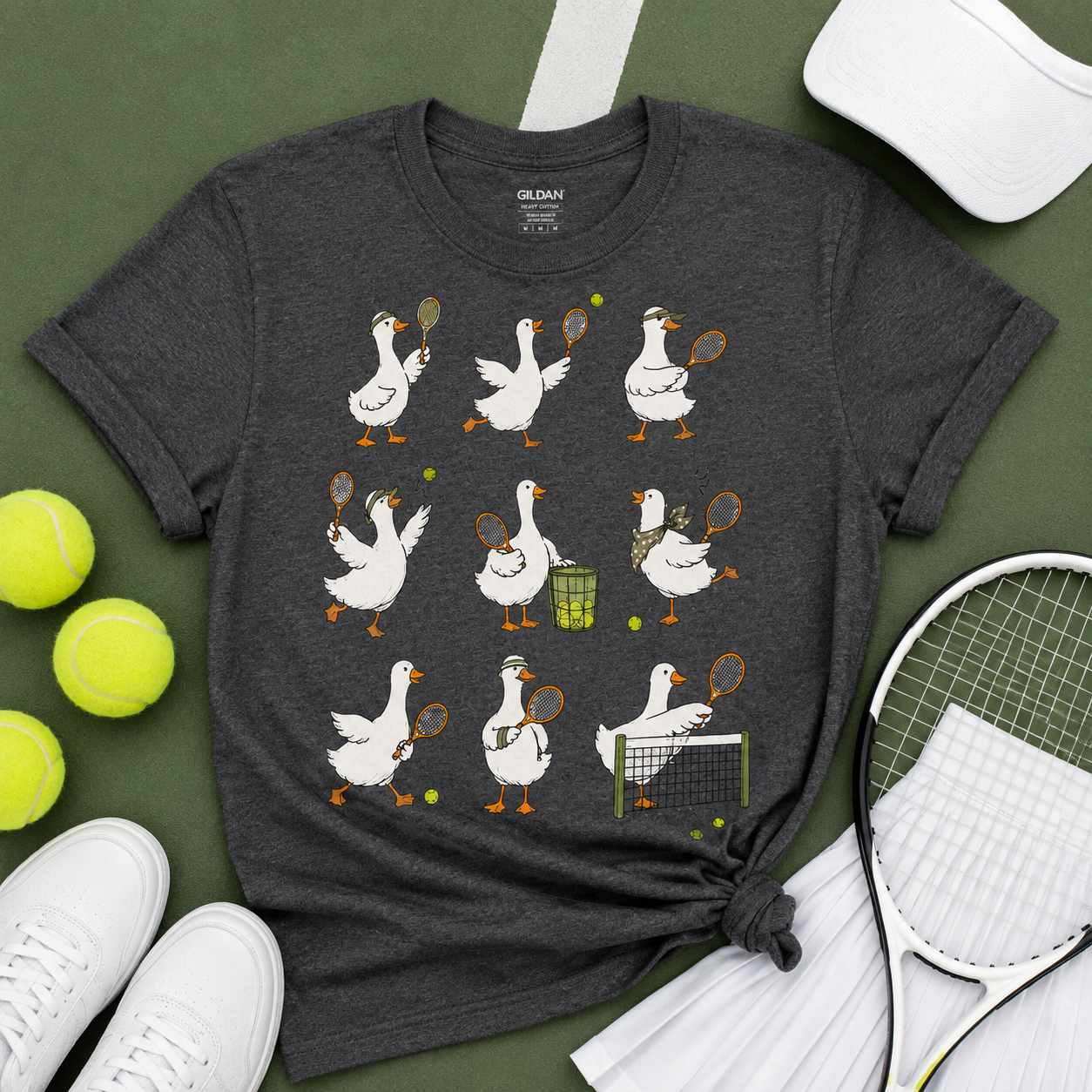 Tea Shirt Shoppe Wholesale dark heather grey cotton graphic tee featuring silly geese playing tennis