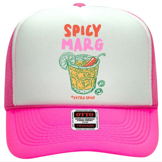 Tea Shirt Shoppe Wholesale trucker hat with white foam front and pink mesh back, featuring a "Spicy Marg" graphic.