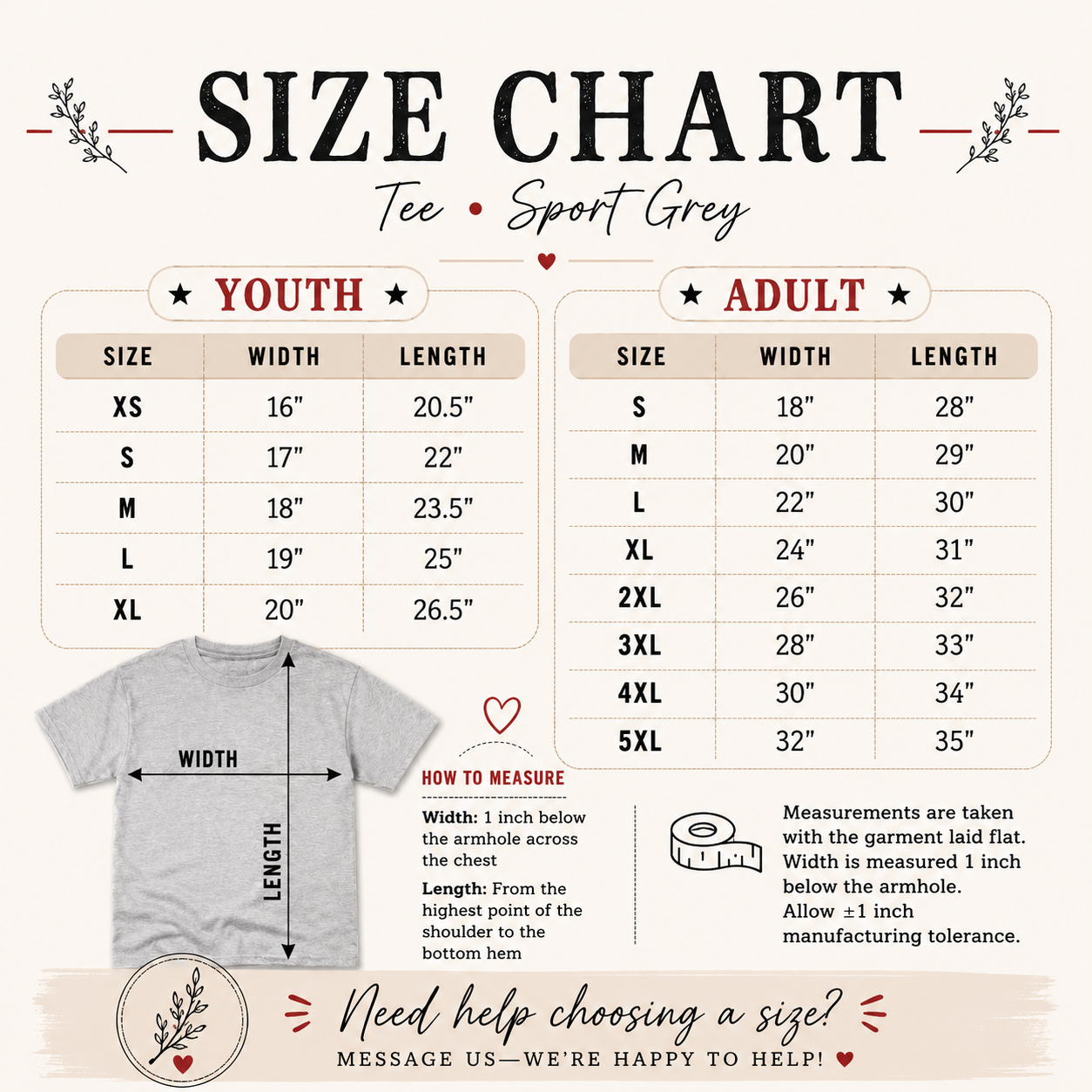 Tea Shirt Shoppe Wholesale size chart for Sport Grey Gildan youth and adult graphic tees with measurement guide