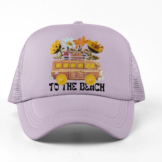Tea Shirt Shoppe Wholesale light purple trucker hat with embroidered retro van, flowers, and "To The Beach" text.