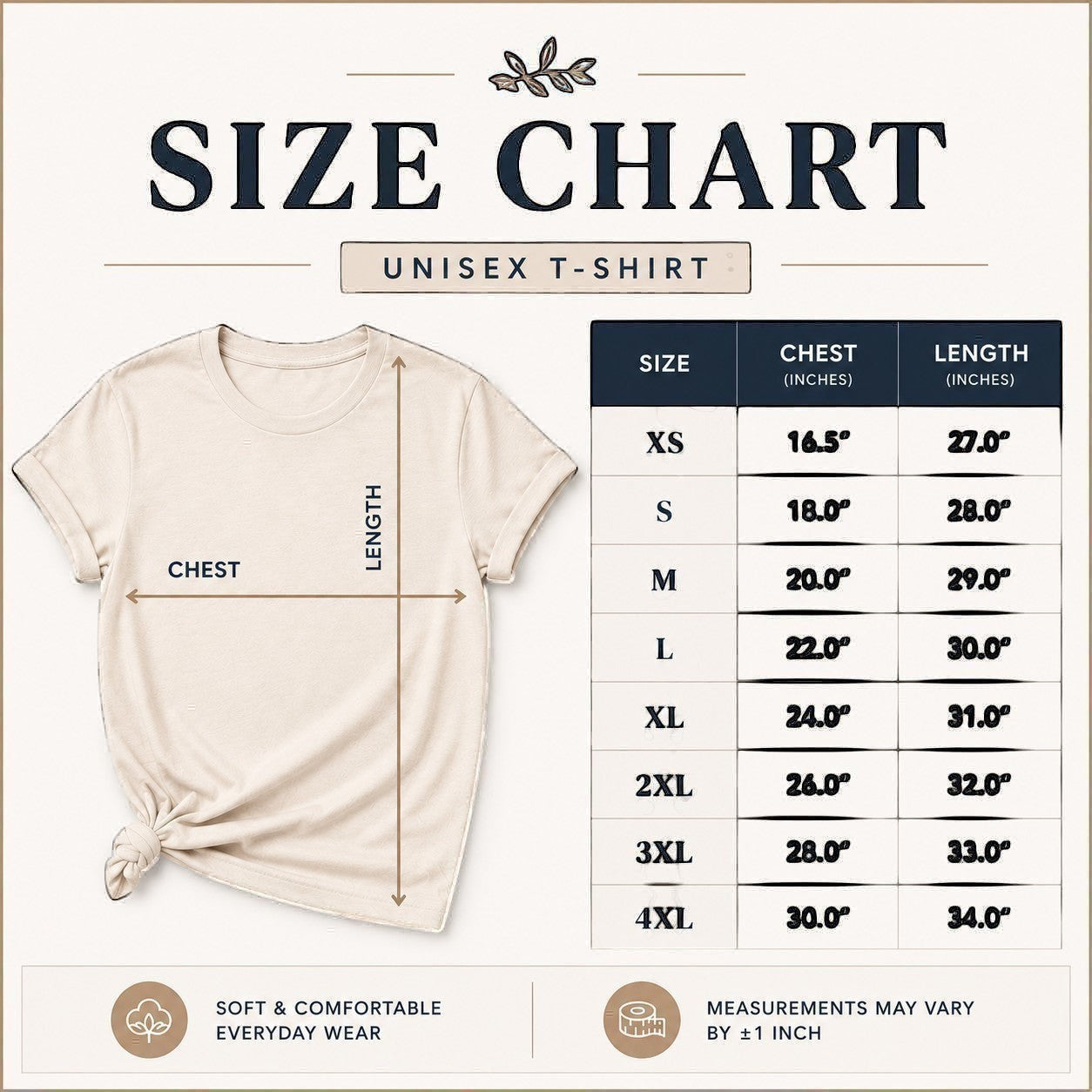 Tea Shirt Shoppe Wholesale unisex t-shirt size chart with chest and length measurements for sizes XS-4XL.