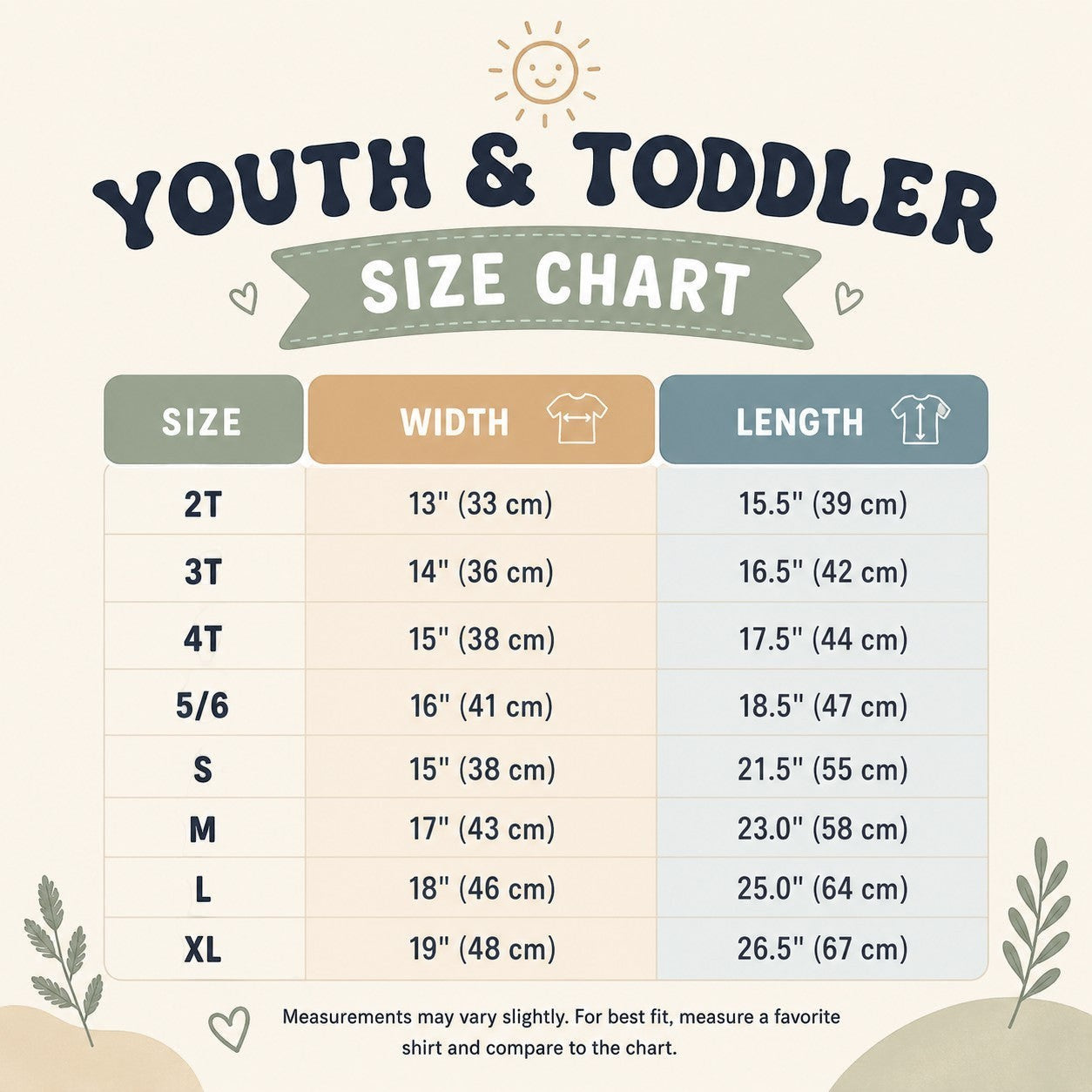 Tea Shirt Shoppe Wholesale Youth & Toddler size chart with width and length measurements for sizes 2T-XL.