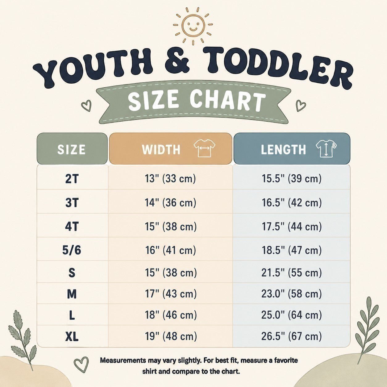 Tea Shirt Shoppe Wholesale Youth & Toddler size chart for graphic tees, showing size, width, and length measurements in cm.