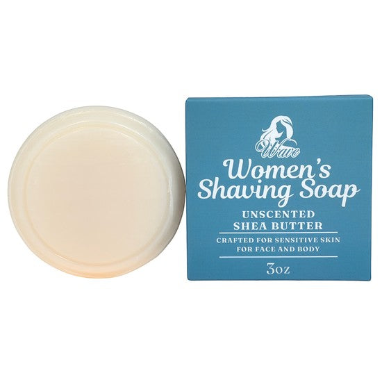 Tea-Shirt Shoppe unscented shea butter women's shaving soap puck with blue packaging for sensitive skin