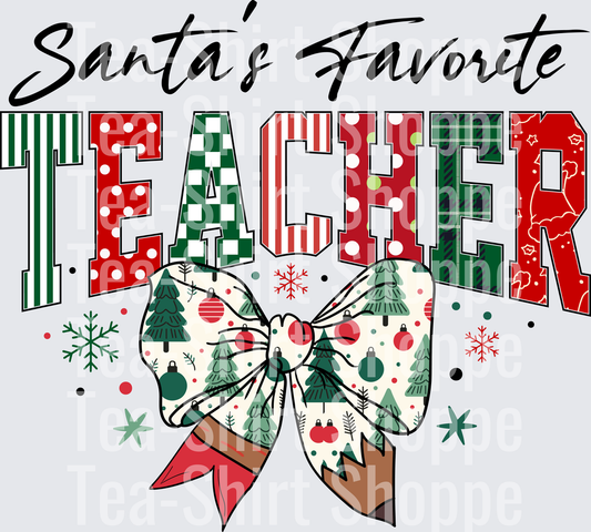 Santa's Favorite Teacher Christmas Teacher Pencil Bow T shirt Design