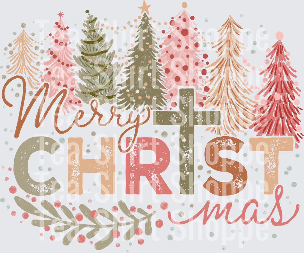 Merry Christmas Cross Christian Boho Pink Trees Holiday
