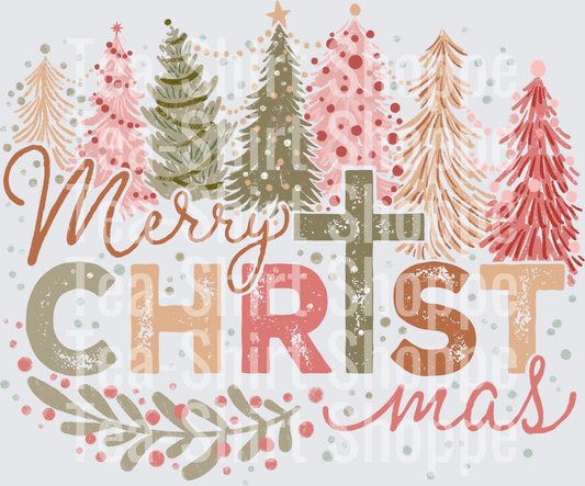 Merry Christmas Cross Christian Boho Pink Trees Holiday
